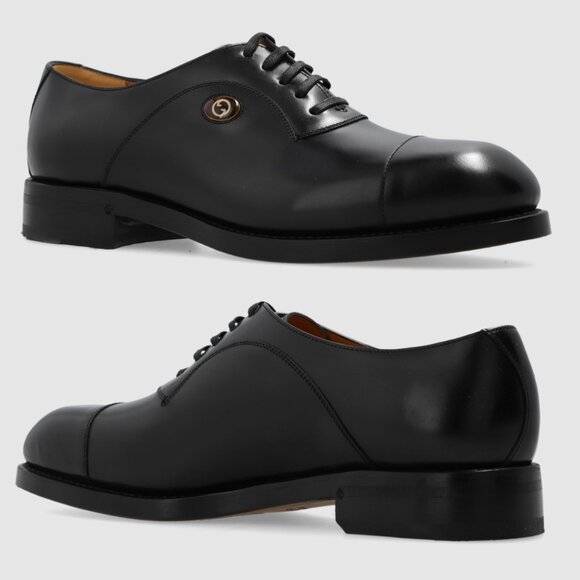 GUCCI SHOES MENS BLACK LEATHER INTERLOCKING G LOGO DERBY OXFORD sz 9 US 9.5 - Picture 3 of 15